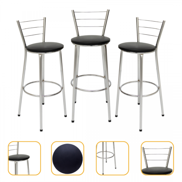Kit 3 Banquetas Atlanta Estrutura Cromada Alta Montada 70cm - Itagold
