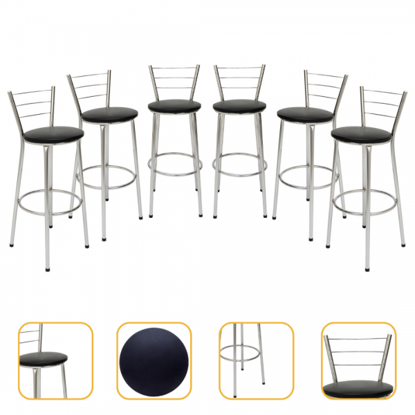 Kit 6 Banquetas Atlanta Estrutura Cromada Alta Montada 70cm - Itagold